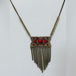 Gold-Tone Fringe Necklace with Red Stone Accents
